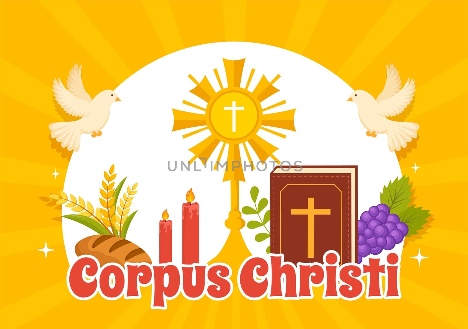 Corpus Christi Catholic Religious Holiday Vector Illustration with Feast Day, Cross, Bread and Grapes in Flat Cartoon Hand Drawn Poster Templates