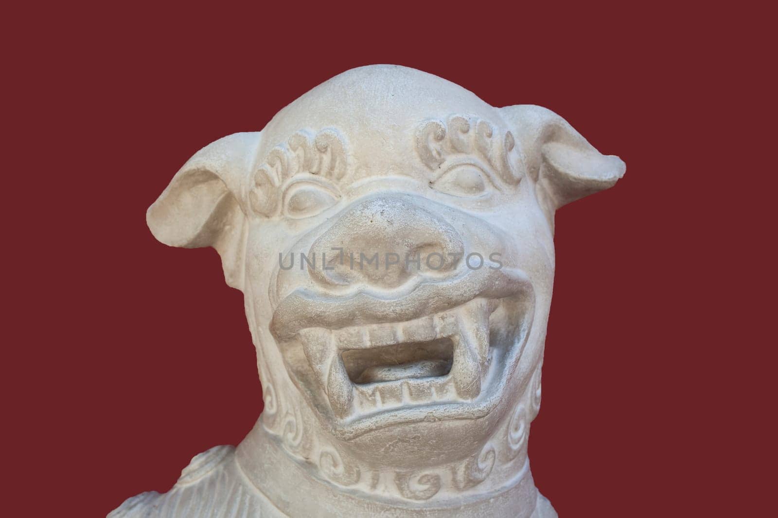 Coimbra, Portugal - Sept 7th 2019: Stone lion figurine at Macau pavillion. Portugal dos Pequenitos, Coimbra