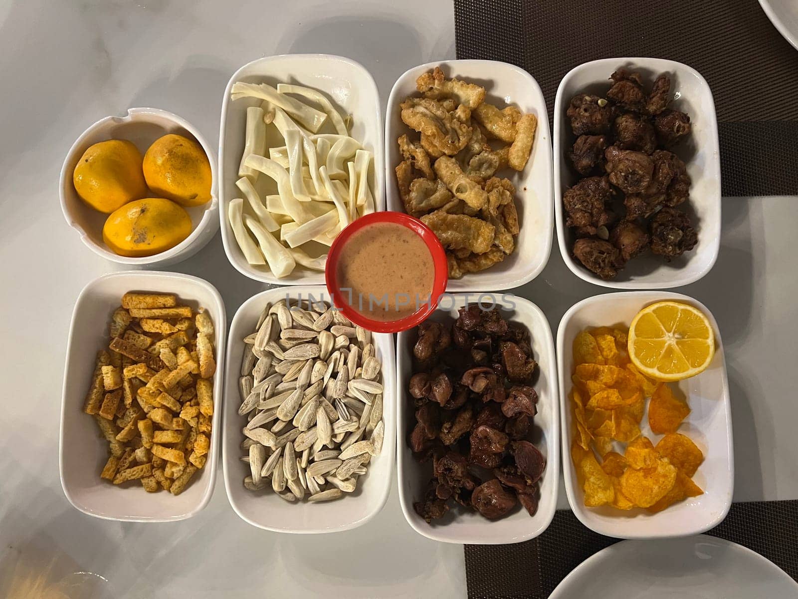 Close up of assorted snacks on a table in a restaurant