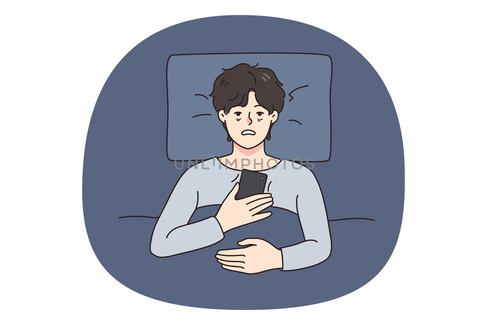 Unhappy tired man lying in bed suffer from insomnia use cellphone device. Upset exhausted guy struggle on sleepless night brose smartphone. Sleeping problem concept. Vector illustration.