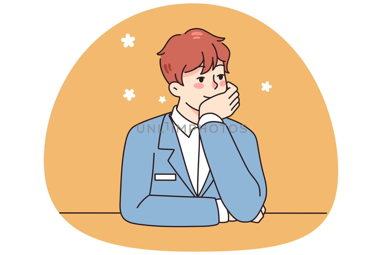 Male concierge sit at desk look in distance dreaming and imagining. Man administrator feel bored at workplace in hotel or business center, lost in dreams and thoughts. Vector illustration.