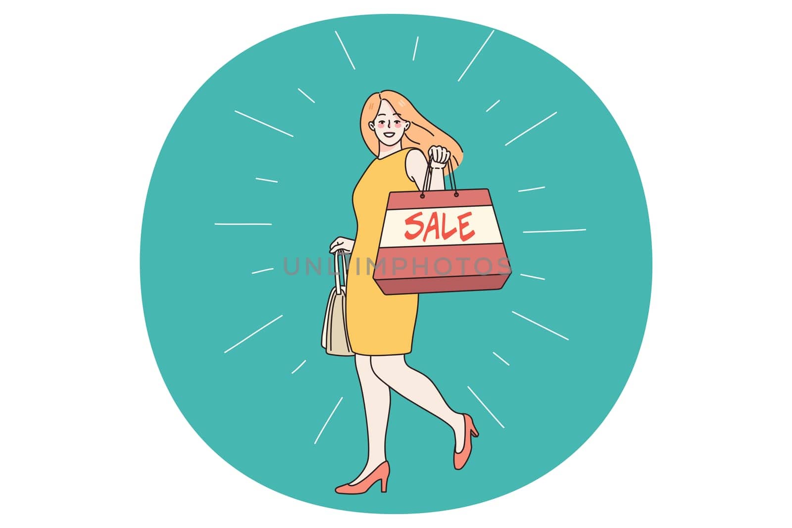 Happy woman buyer with bag excited with shopping on sales or promotions. Smiling female shopaholic buy clothes of good discount in mall or boutique. Consumerism. Vector illustration.