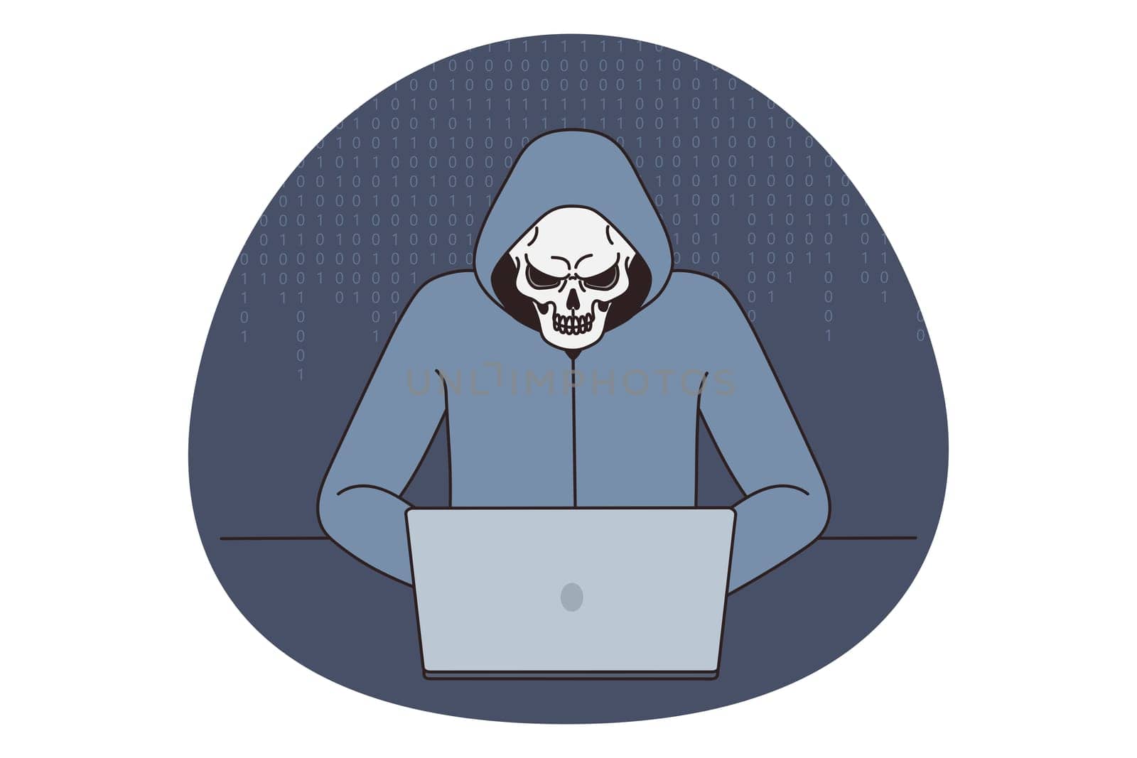 Anonymous hacker in hood and skull mask work on computer break operational software. Darknet user hack program on laptop. Spam or virus spread, technology safety. Vector illustration.