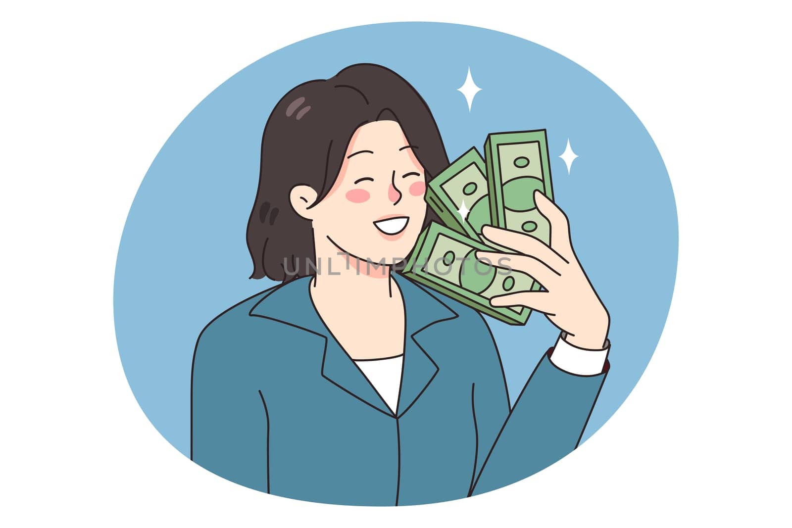 Smiling businesswoman hold dollar banknotes in hands excited with job promotion and salary raise. Happy woman employee with money bills overjoyed with wage rise. Flat vector illustration.