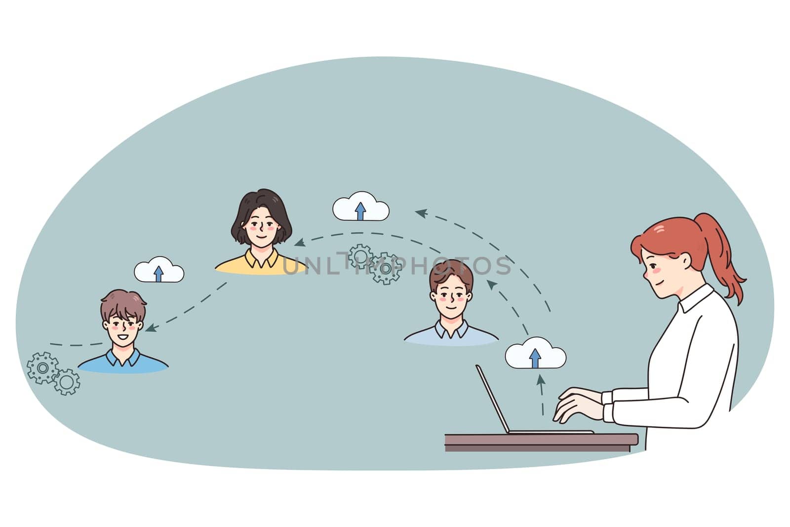 Young businesswoman work online on computer connect with diverse colleagues. Female employee hire freelancers on cloud network, communicate on internet. Vector illustration.