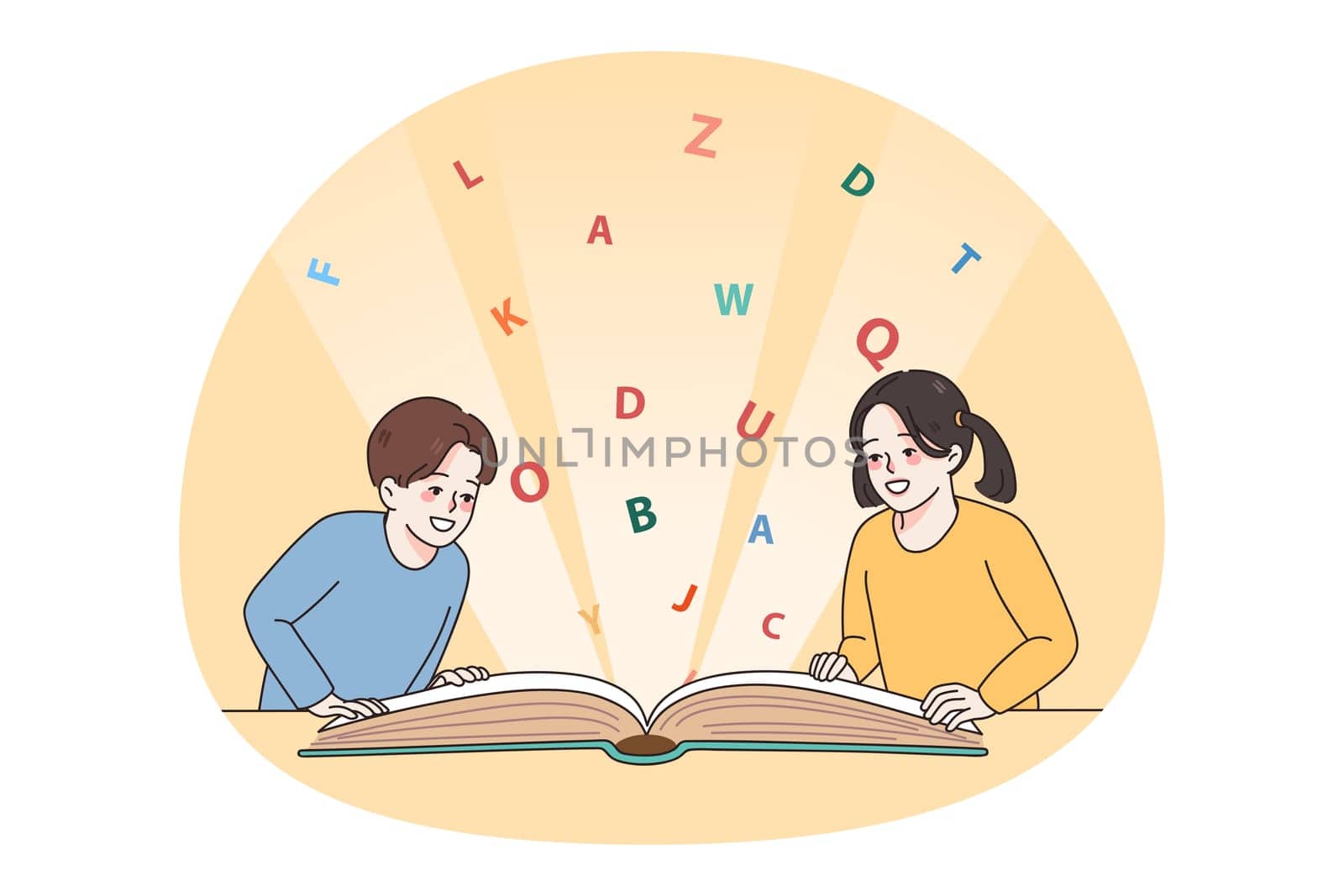 Smiling little kids learners have fun reading book together. Happy small children sit at desk enjoy literature. Booklover study or learn in school or kindergarten. Flat vector illustration.