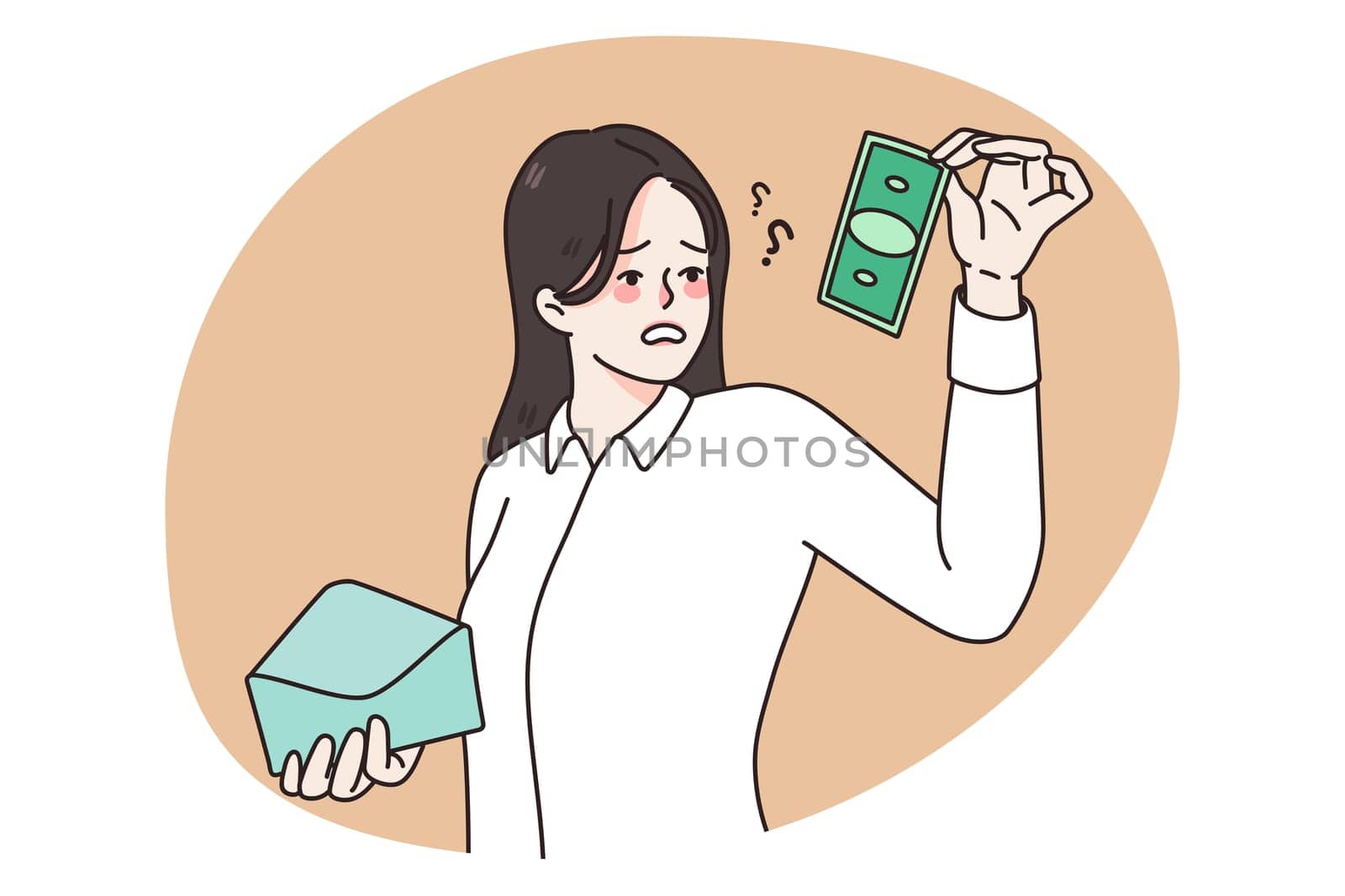 Confused female employee shocked by small salary in envelope. Frustrated unhappy woman worker surprised by wage amount. Finance problems concept. Flat vector illustration.