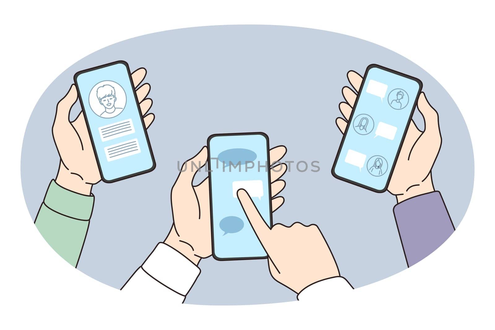 Hands of diverse people hold modern smartphones chat talk in messenger online. Friends communicate on internet on cellphone, use social media on gadget. Communication. Vector illustration.
