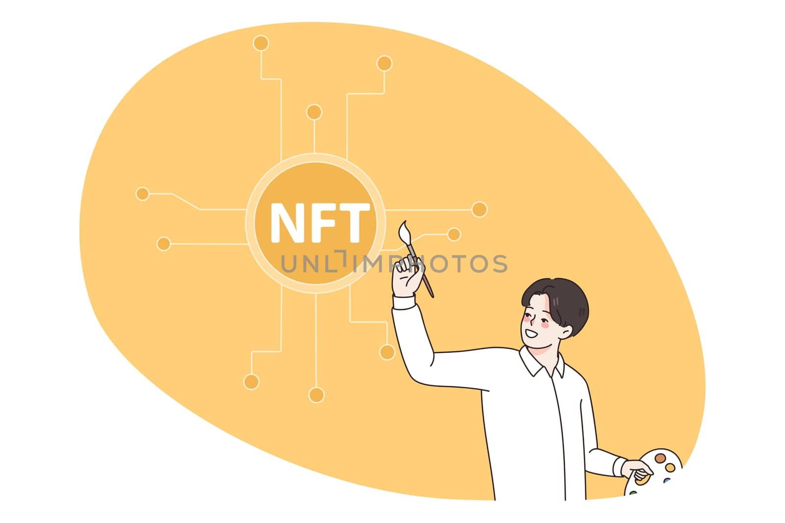 Man artist with brush pain NFT symbol selling cryptocurrency on stock exchange. Male investor trade crypto on internet involved in non-fungible token bidding. Flat vector illustration.