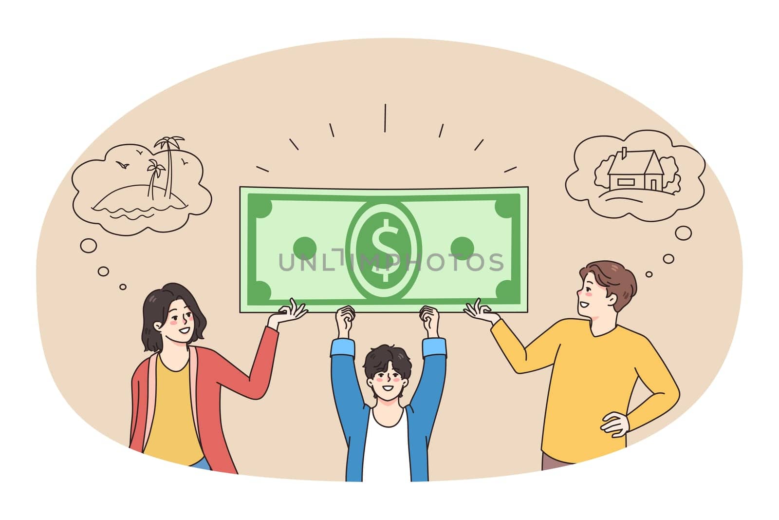 Happy family with kid carry dollar banknote saving for goal accomplishments. Smiling parents with child take bank mortgage or loan for plan realization. Financial stability. Vector illustration.