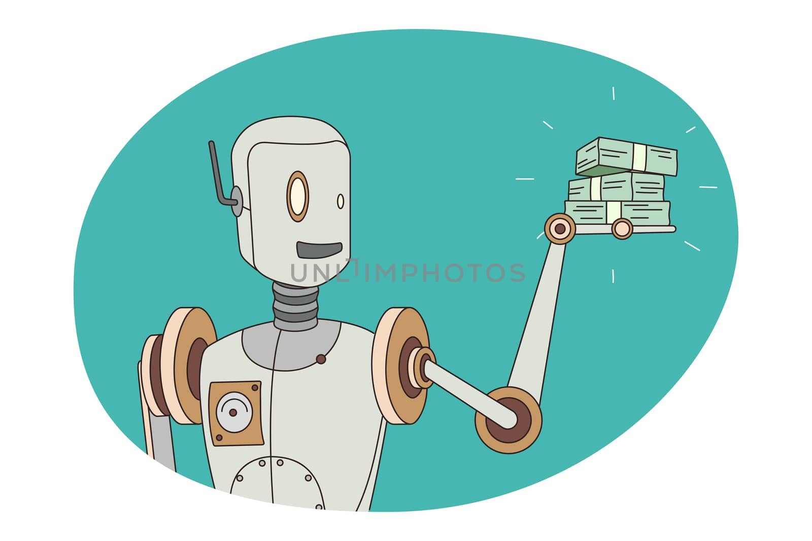 Old robot hold pile of money banknotes in hands. Retro robotic assistant or helper with stack of bills offer mortgage or loan. Finance and technology concept. Flat vector illustration.