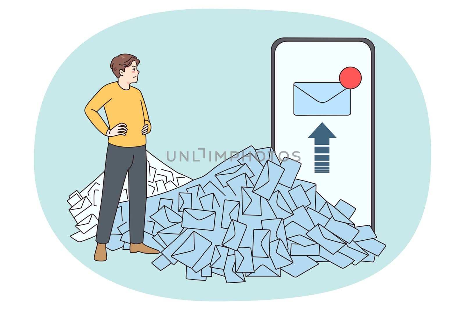 Unhappy male employee look at stack or unread emails think of workload. Man worker consider pile of mails and notifications of smartphone. Overwork and job stress concept. Vector illustration.