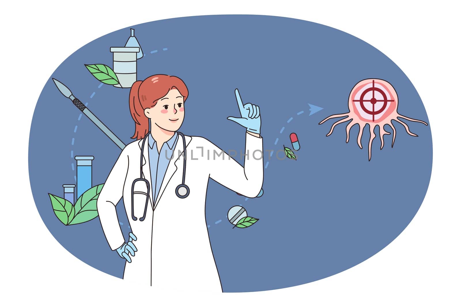 Female doctor or scientist explore cancer cell do research in laboratory. Woman medical specialist work with oncology diagnostic and treatment. Tumor biopsy and chemotherapy. Vector illustration.