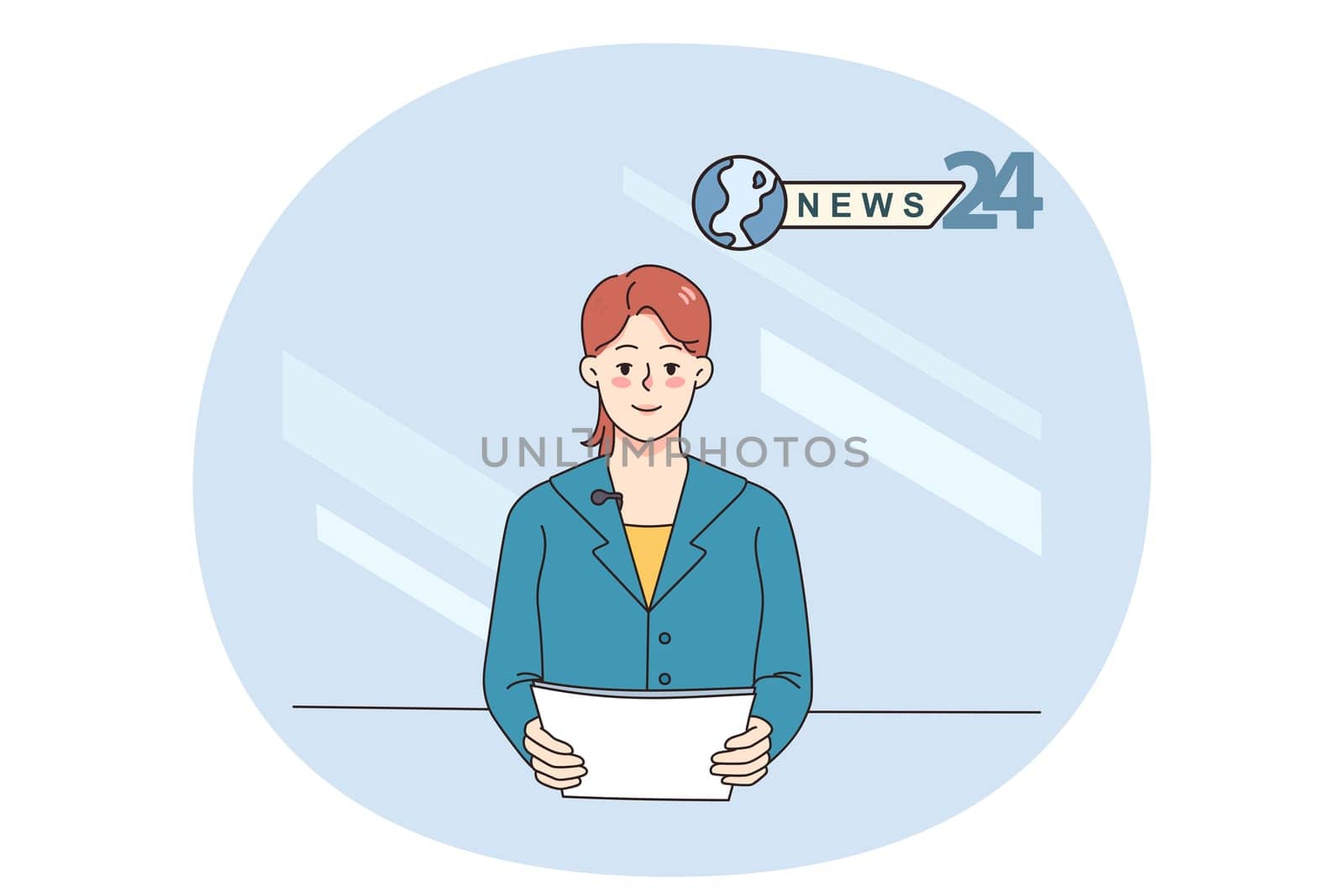 Female journalist doing news reportage in studio. Woman tv presenter or host speak on camera for entertaining show. Journalism and entertainment. Flat vector illustration.