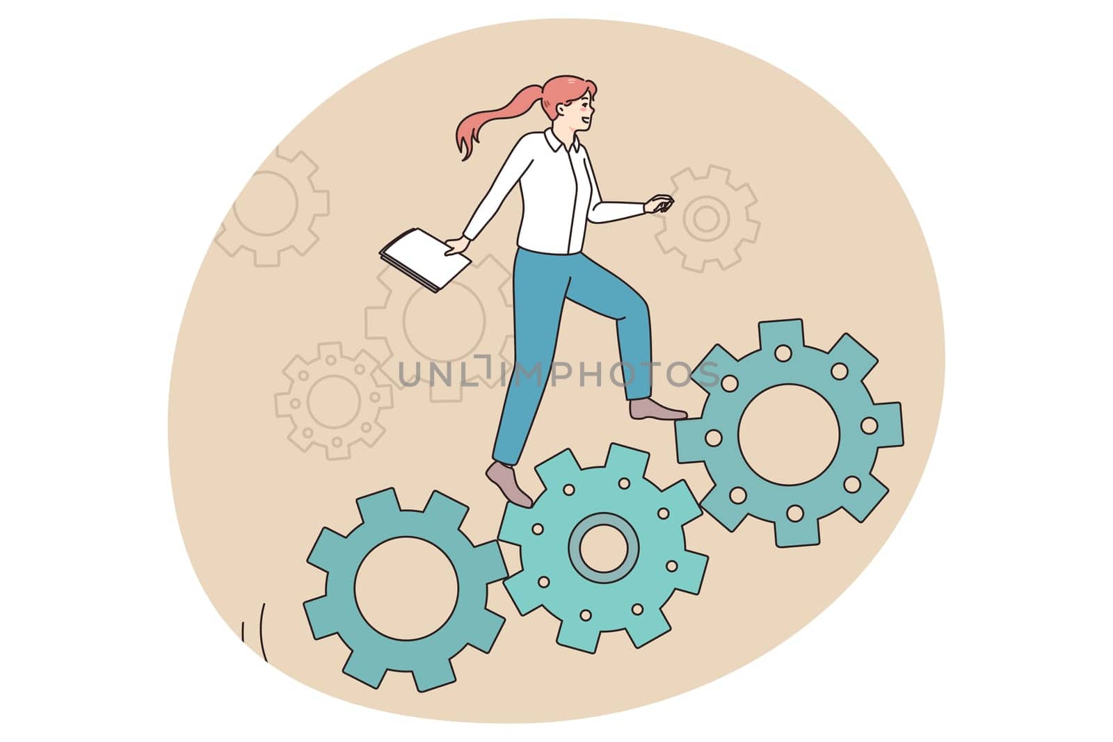 Motivated businesswoman move up career ladder strive for goal achievement at workplace. Confident female employee climb gear mechanism accomplish success. Flat vector illustration.