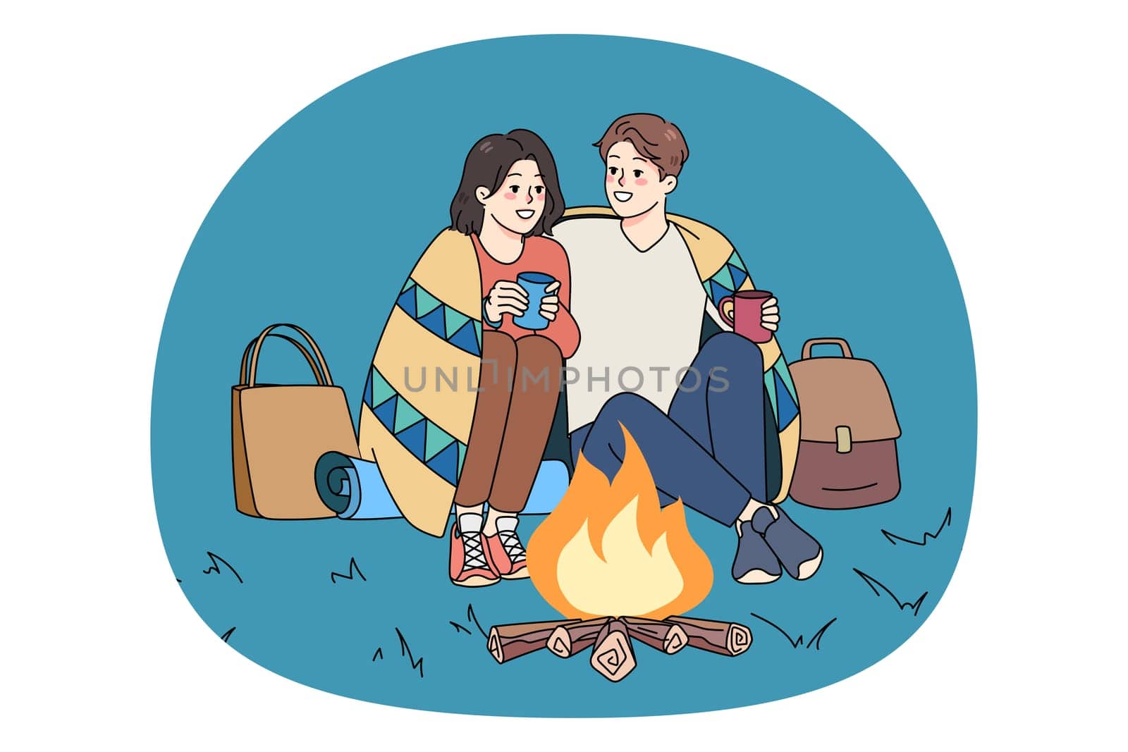 Happy couple sit near fire hugging cuddling drink warm tea or coffee enjoy romantic date outside. Smiling man and woman relax on evening nature weekend together. Romance. Vector illustration.
