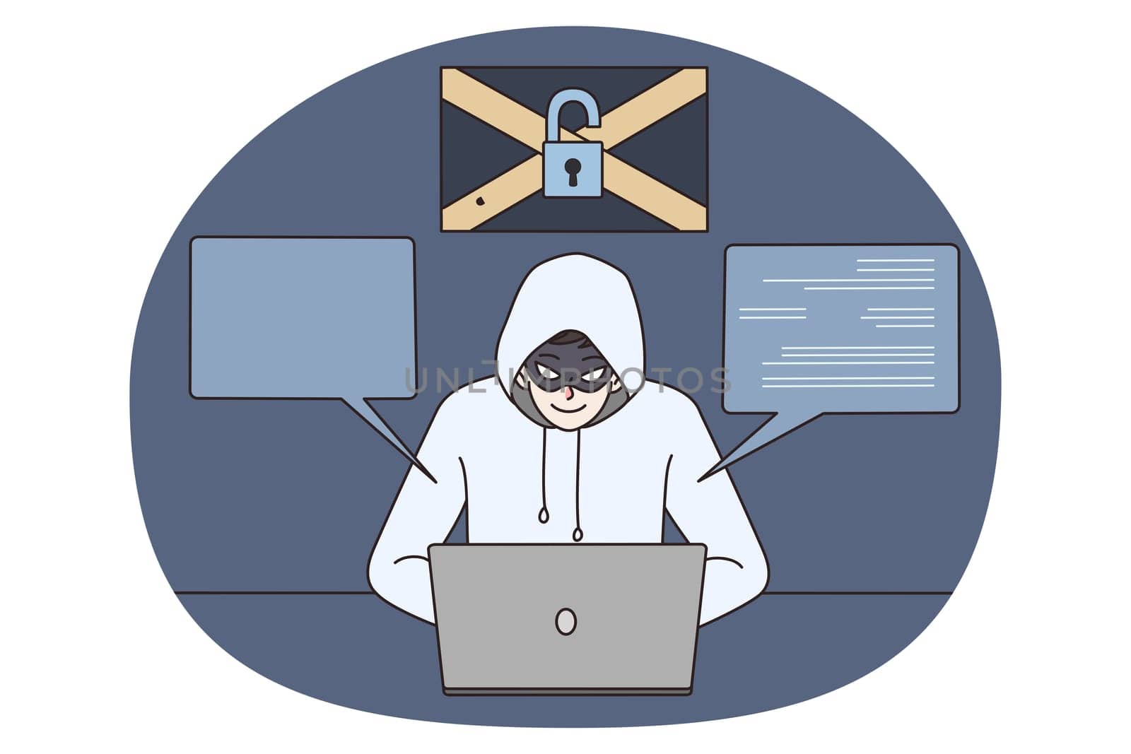 Male hacker in hood and mask use laptop steal personal data on internet. Man cyber thief hack program on computer. Online information security and safety concept. Vector illustration.