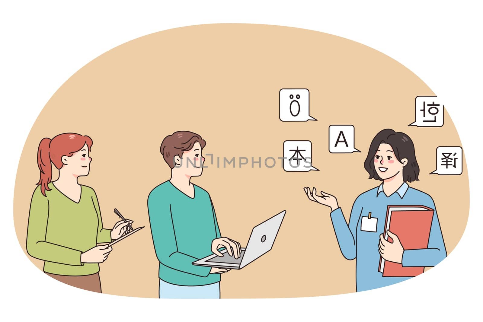 Female teacher or tutor of foreign languages held lesson for diverse students. Woman translator help people understanding and interpreting. Translation and teaching service. Vector illustration.