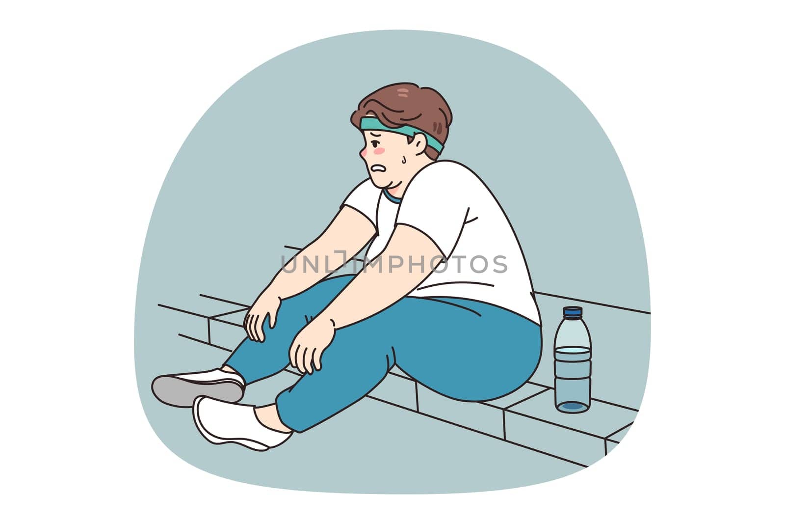 Tired fat man sit on sidewalk feel exhausted after exercising outdoors losing weight. Unhappy obese male have difficulties workout training in park. Diet and sport, weightloss. Vector illustration.