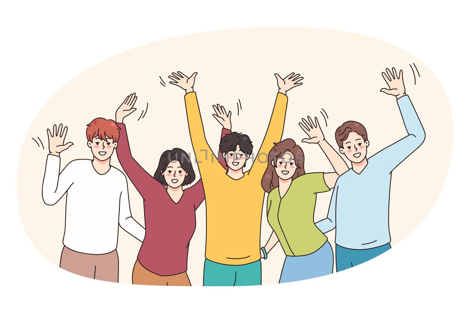 Happy young people raise hands paving having fun together. Smiling diverse friends celebrate or throw party posing for picture. Friendship and diversity concept. Flat vector illustration.