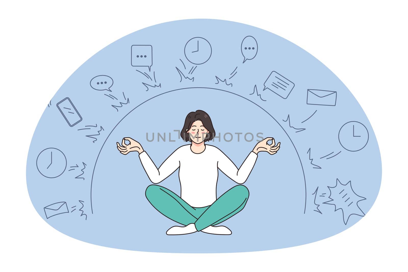 Calm woman sit in lotus position meditate distract from work deals and job troubles. Relaxed female practice yoga have digital detox. Meditation concept. Stress free. Vector illustration.