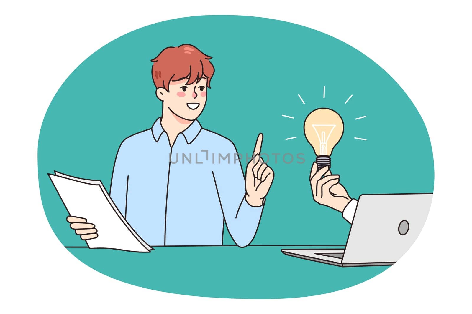 Hand from computer hold lightbulb offer innovative business idea to excited businessman. Young male employee get help from laptop. Innovation and creative thinking. Vector illustration.