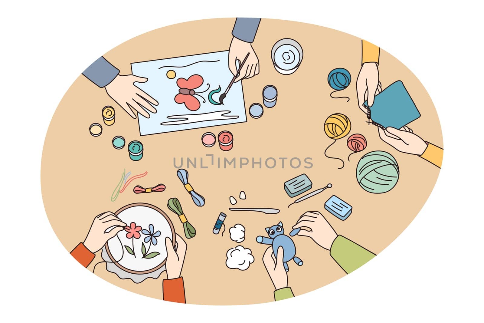 Top view of children drawing, embroidery or knitting class. Kids engaged in creative art workshops on weekend. Educational or artistic lessons for child. Flat vector illustration.
