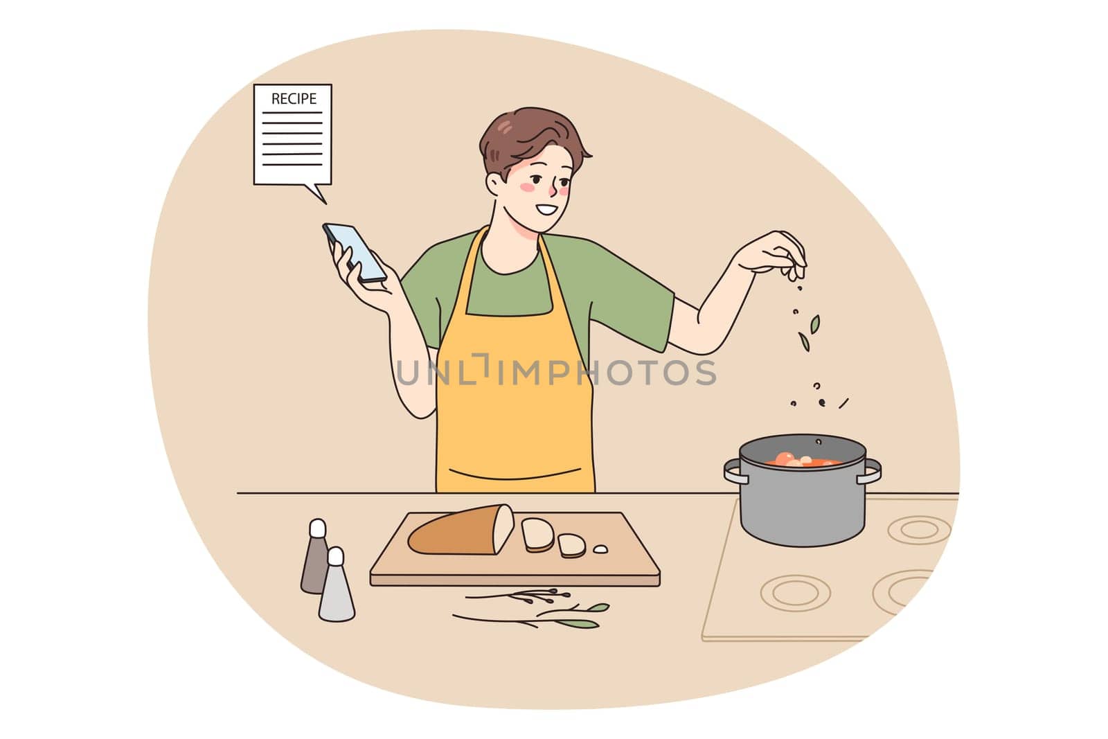 Smiling man cooking soup at home kitchen follow recipe on smartphone screen. Happy male chef prepare delicious food for dinner with online instruction on cellphone. Vector illustration.