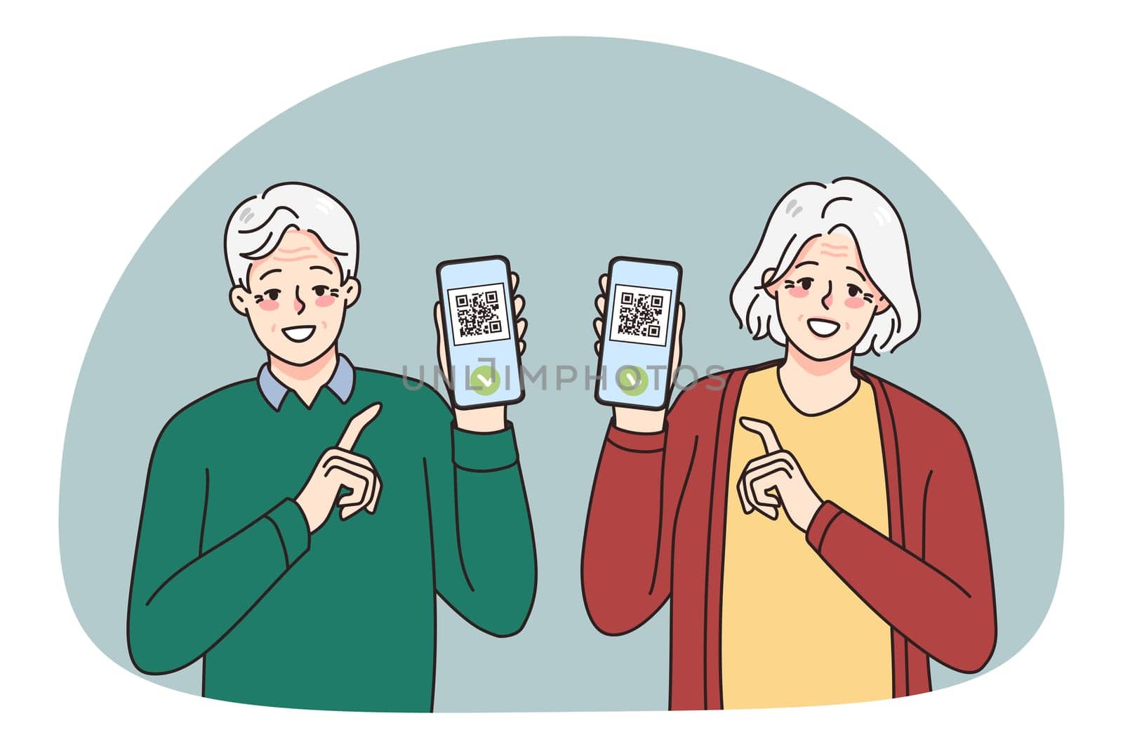 Smiling old man and woman show digital qr codes vaccination certificates on cellphones. Happy mature couple demonstrate covid vaccinating health passport on smartphone. Vector illustration.