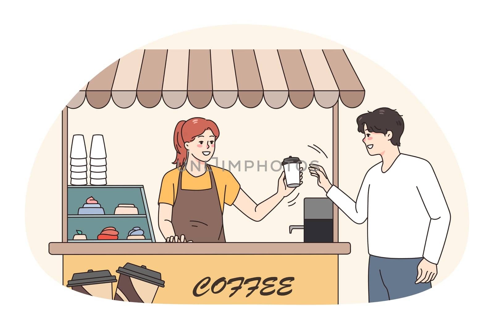 Smiling man buy takeaway coffee in street coffeeshop from female barista. Happy girl serve guy client make espresso or cappuccino in cafeteria. Small business concept. Vector illustration.