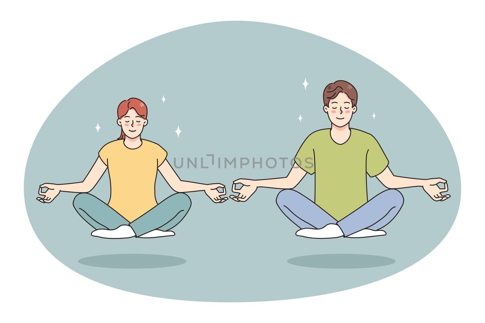 Calm man and woman with mudra hands meditate in lotus position clear thoughts. Happy couple practice yoga with eyes closed relieve negative emotions breathe fresh air. Vector illustration.