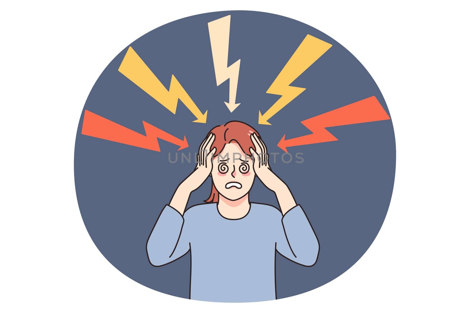 Unhappy frustrated woman stressed with life problems or thoughts feel depressed and overwhelmed. Upset female suffer from workload or troubles, have anxiety or panic attack. Vector illustration.