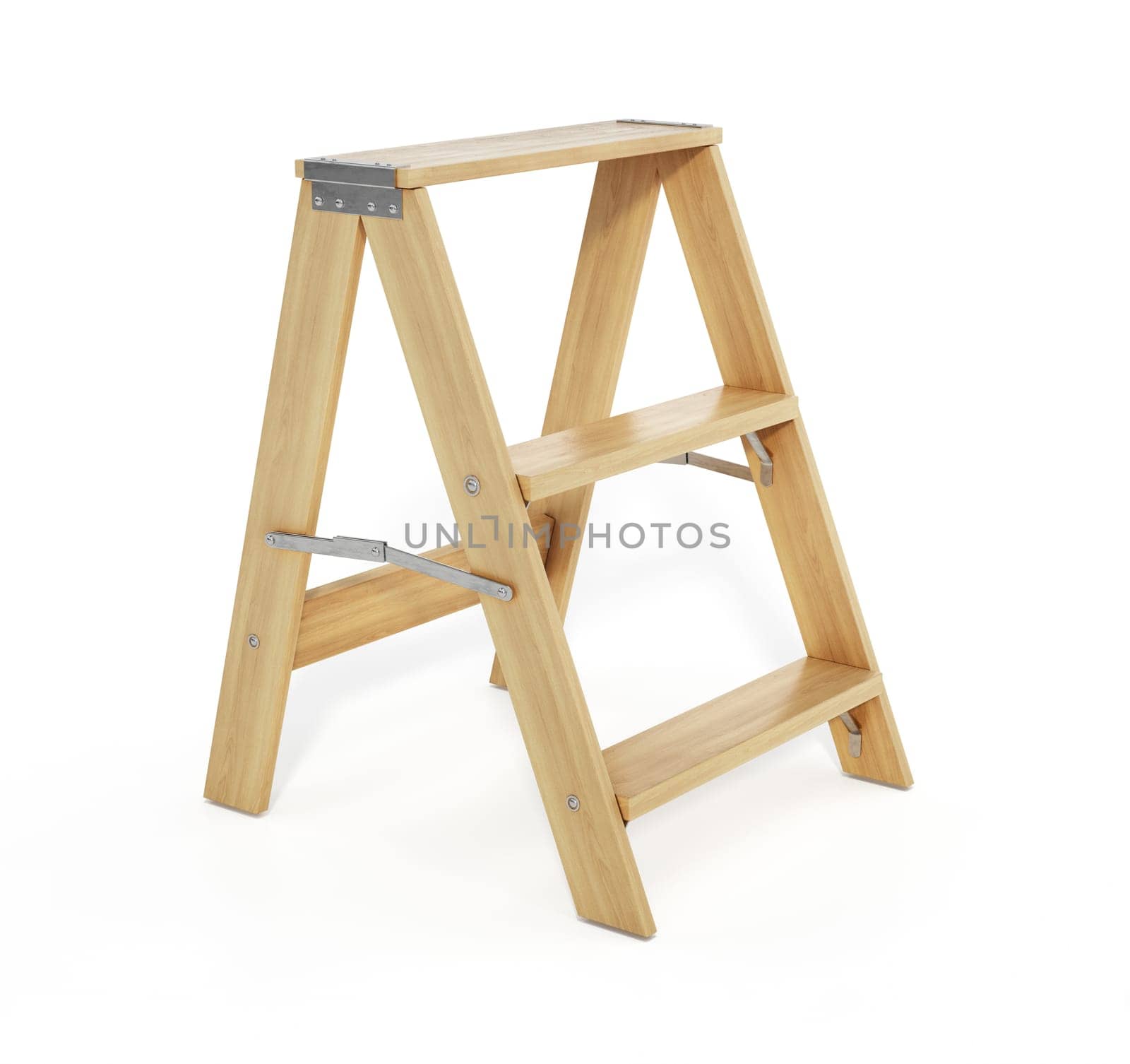 Wooden three step folding ladder. 3D illustration.