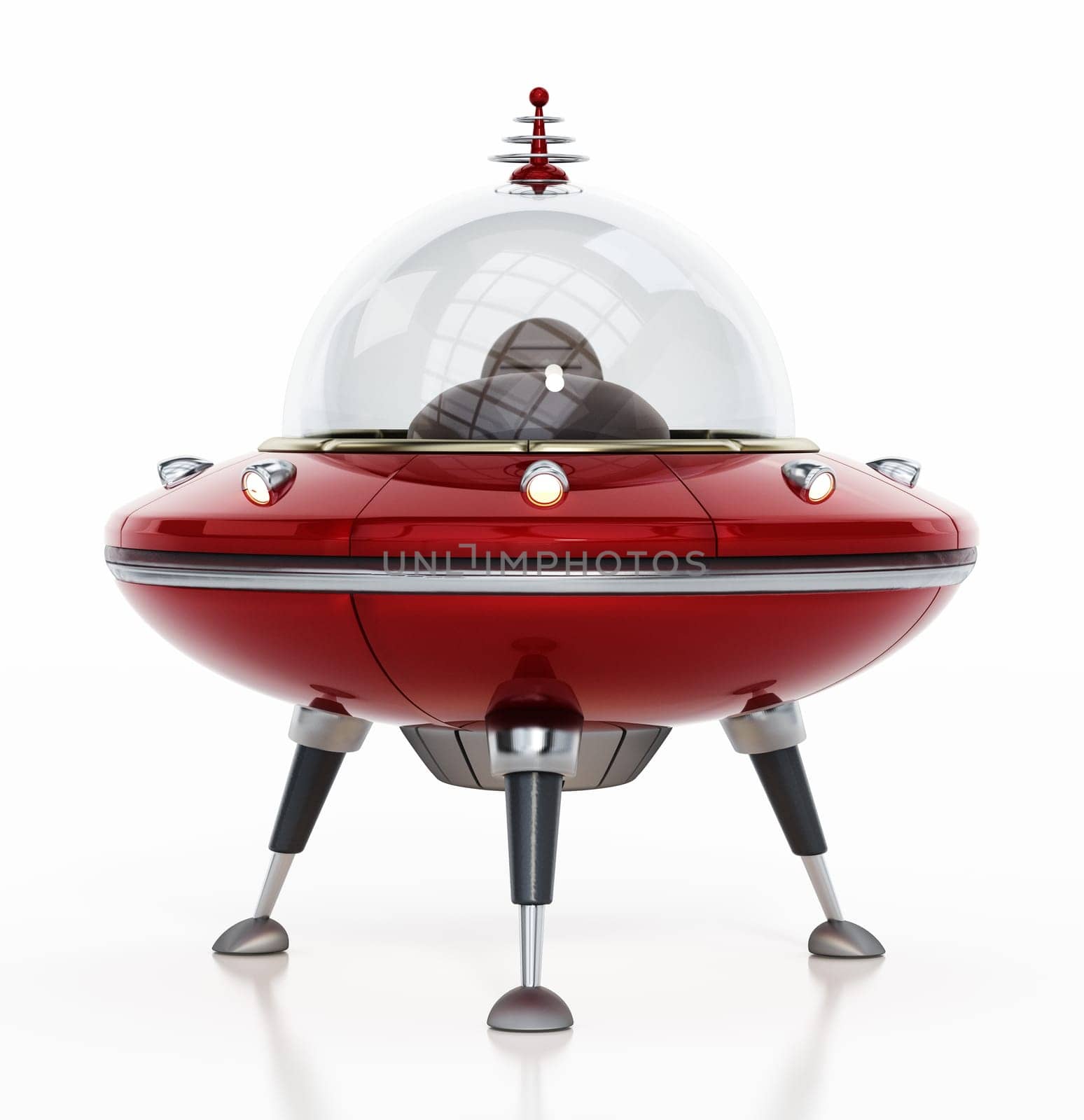 Retro cartoon UFO isolated on white background. 3D illustration.