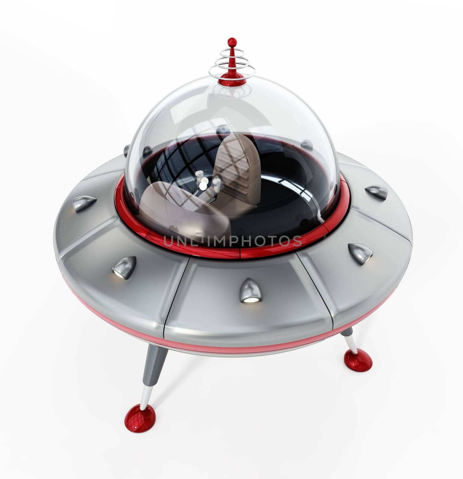 Retro cartoon UFO isolated on white background. 3D illustration.