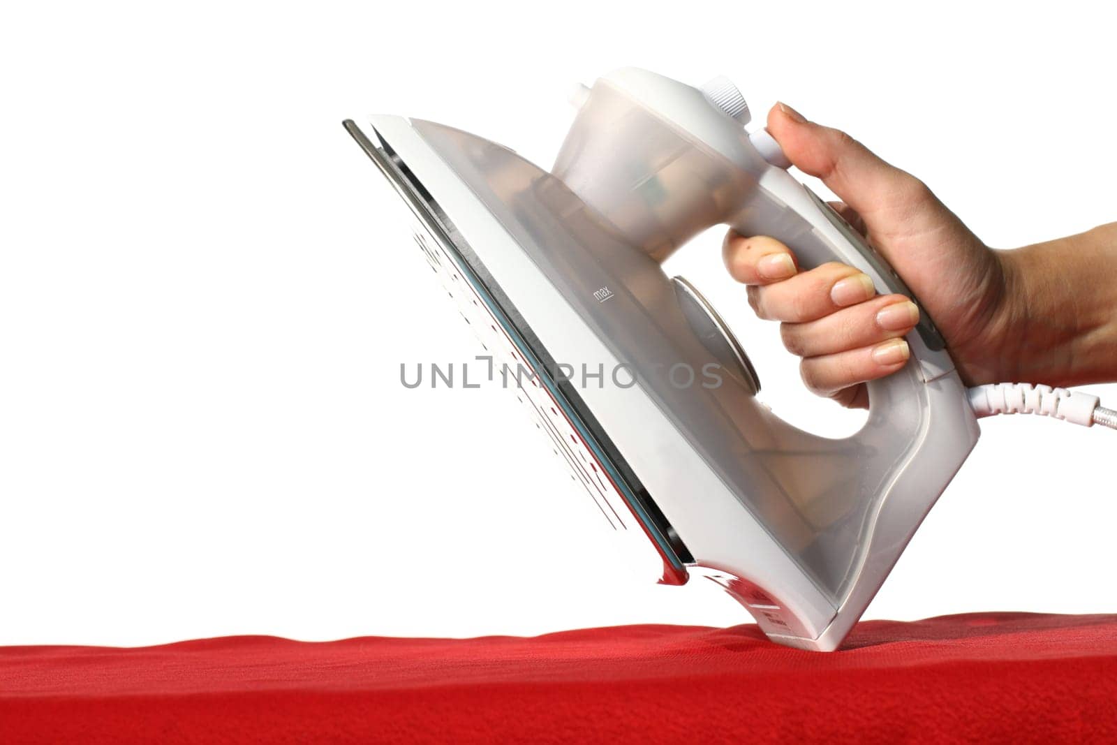 girl hand have to iron red material