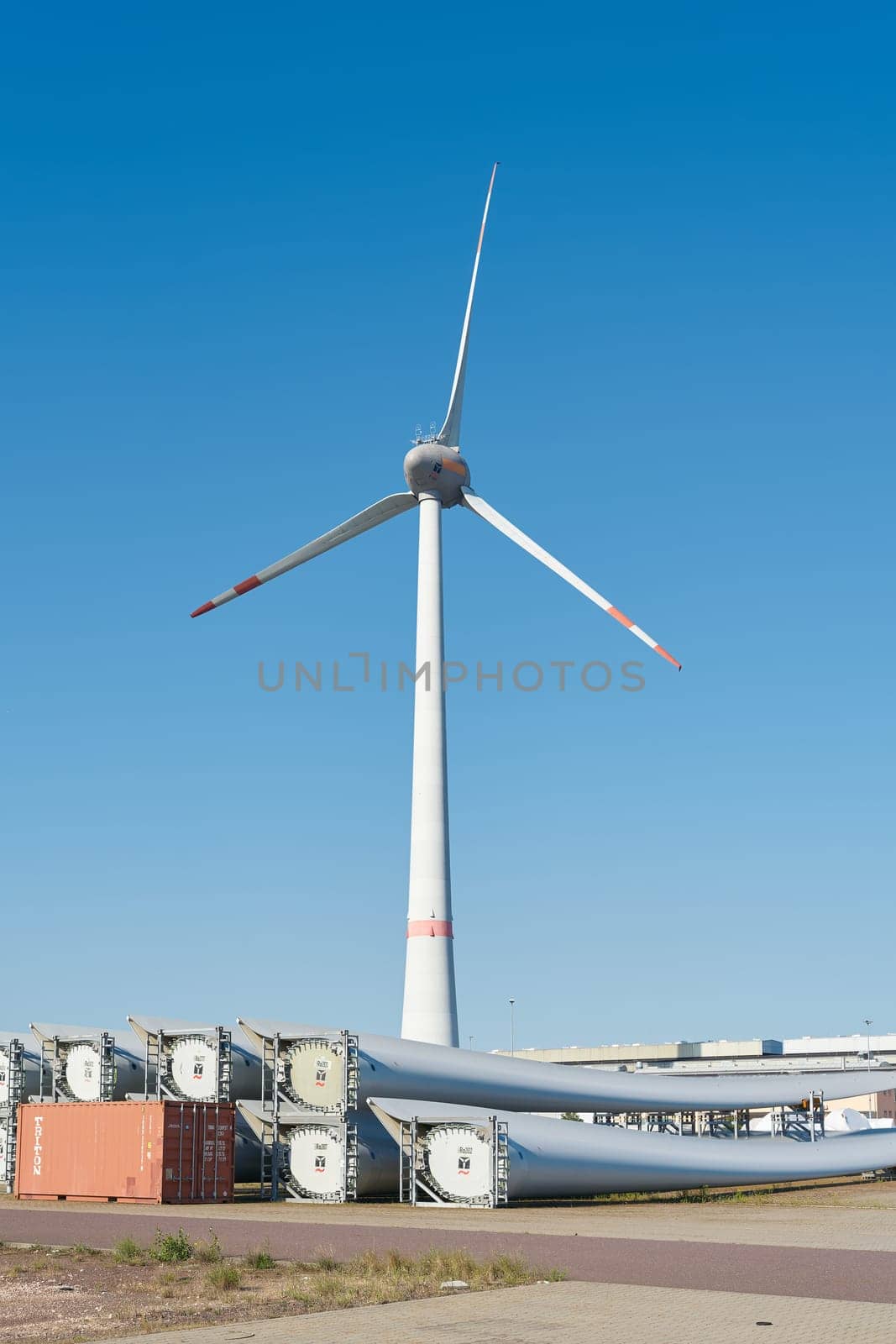 Storage yard for components of wind turbines of the company Enercon in the port of Magdeburg in Germany