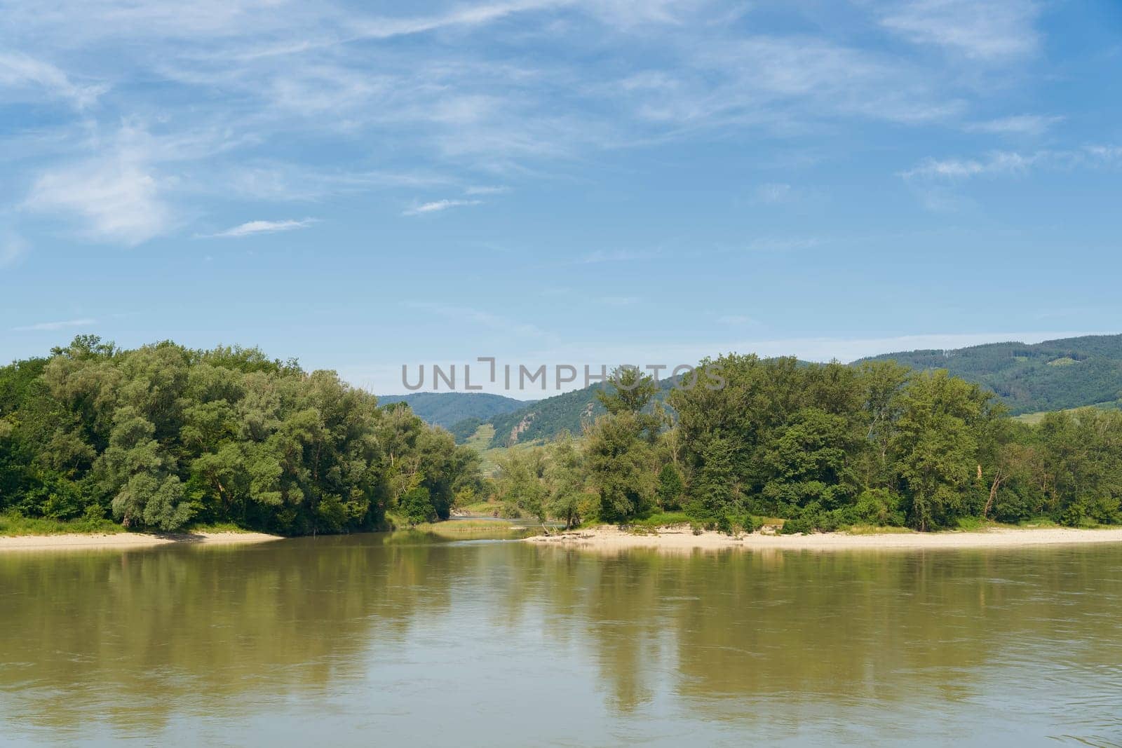 The river Danube with a small island near Duernstein in the Wachau in Austria