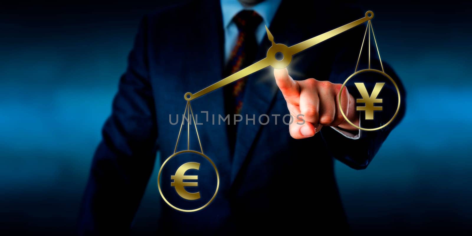 Torso of a businessman operating a virtual golden scale on which the Euro sign is outweighing the China Yuan symbol. Financial metaphor for global currency transactions and foreign exchange market.