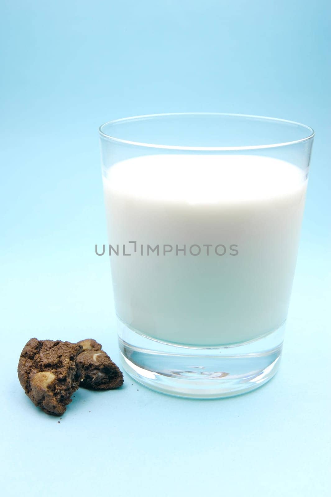 A glass of milk and choc chip cookies