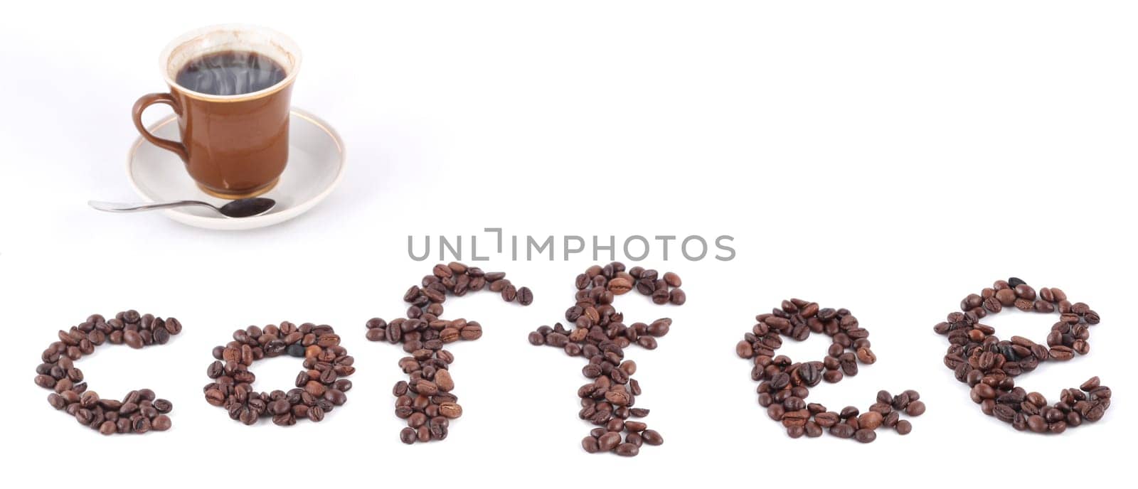 The text of coffee from grains and a cup, isolated on white
