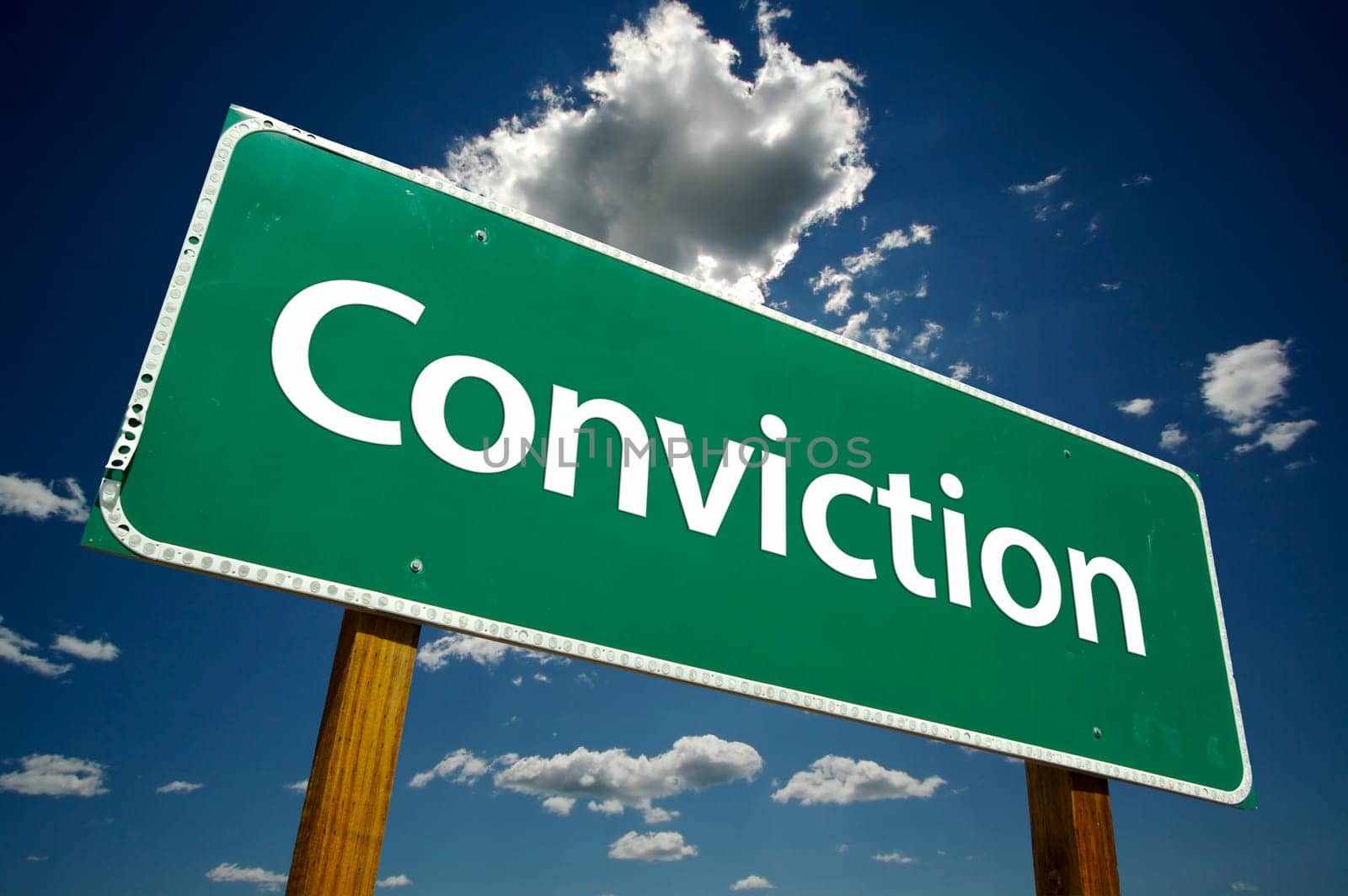 Conviction Road Sign with Dramatic Clouds and Sky.