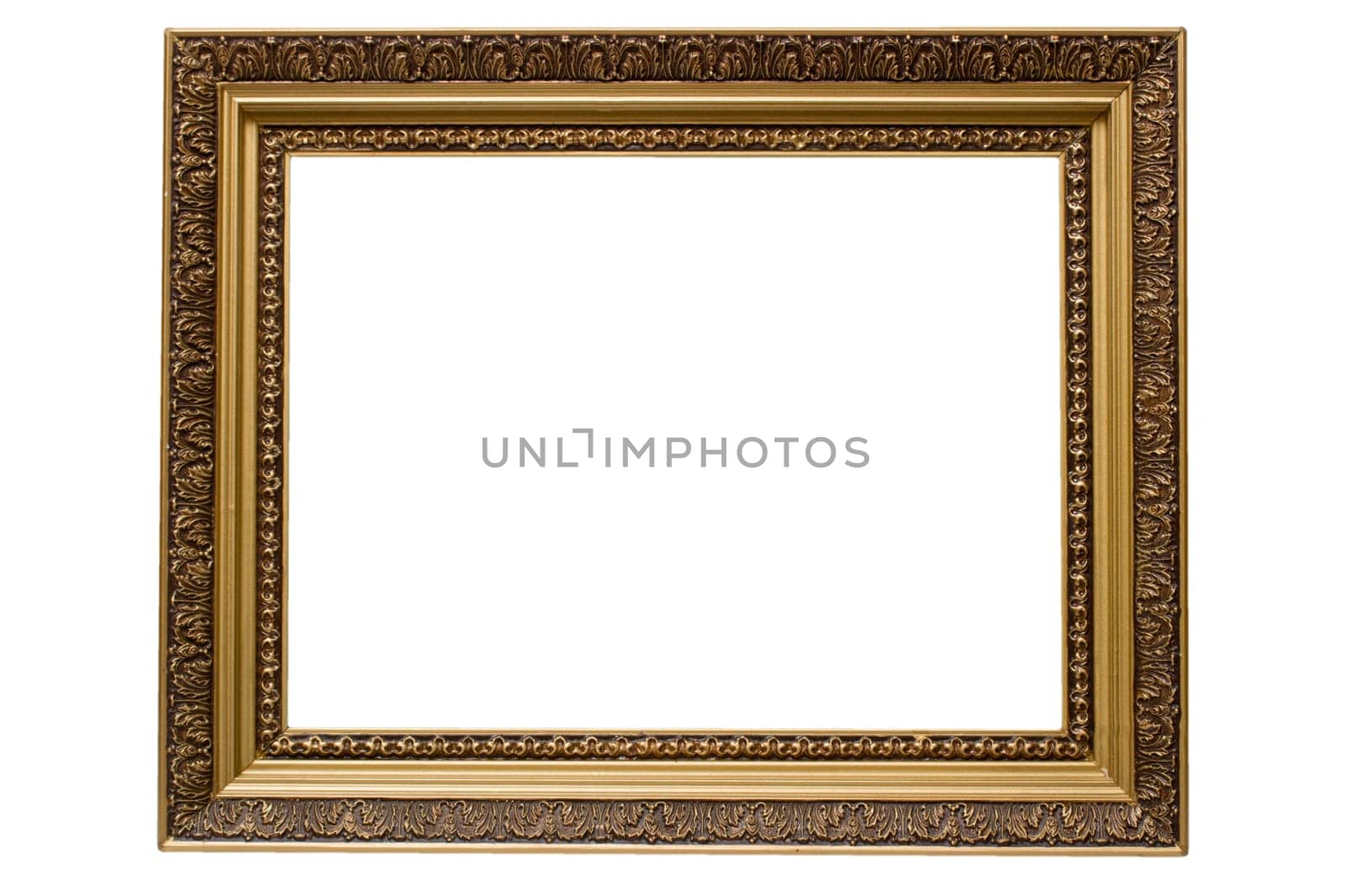Empty gold plated wooden picture frame isolated on white backround