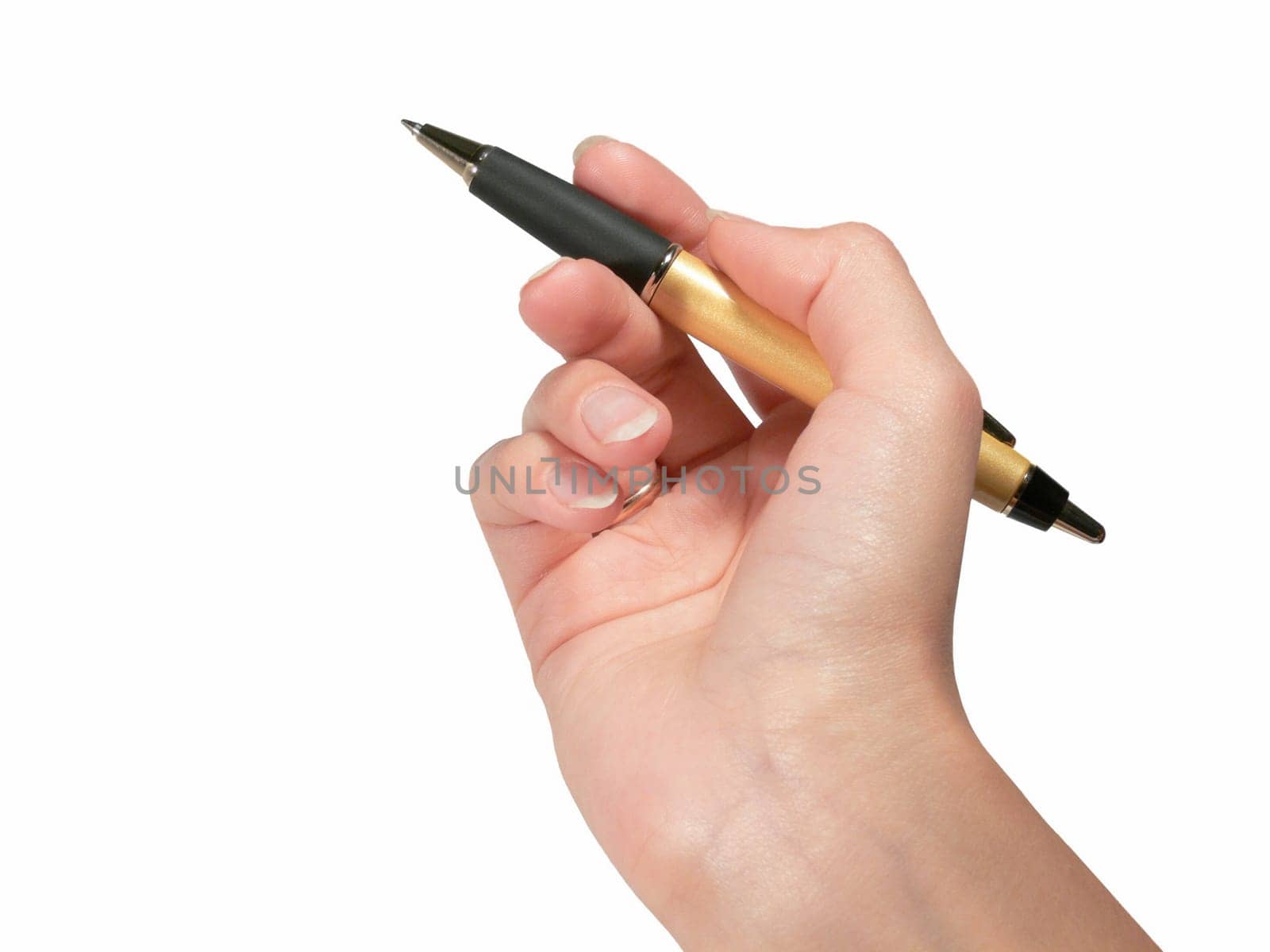 The female hand The hand holding pen is lifted upwards. Isolated.