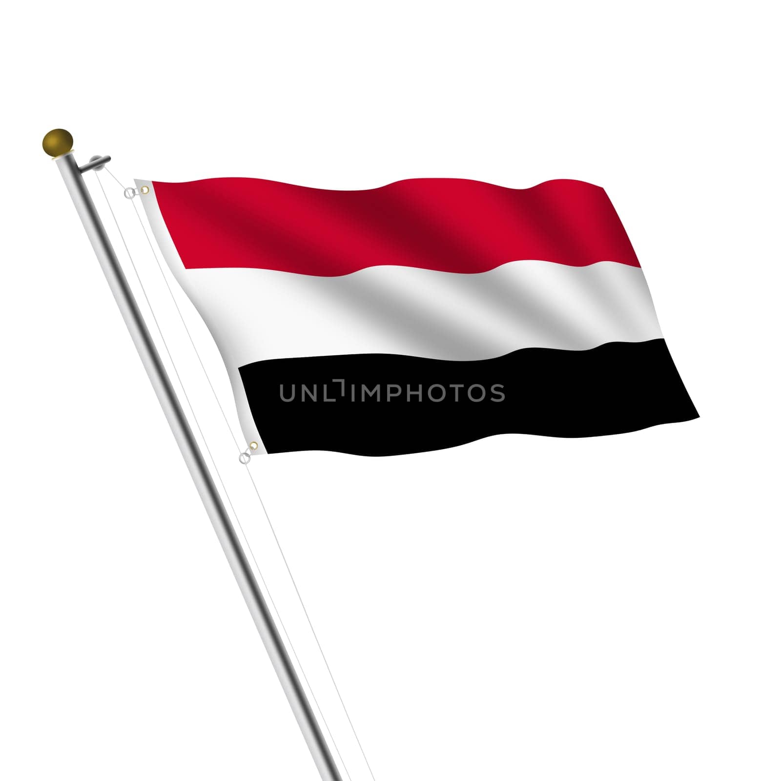 A Yemen flagpole 3d illustration on white with clipping path