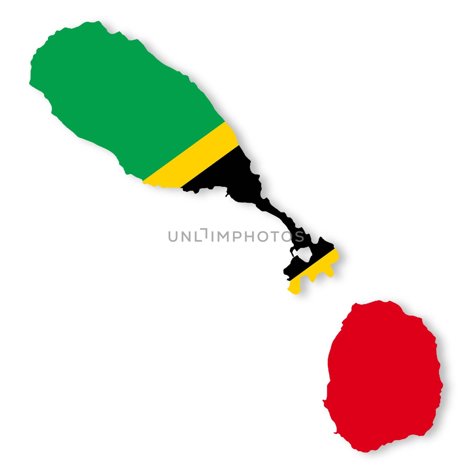 A St Kitts and Nevis flag map on white background with clipping path 3d illustration