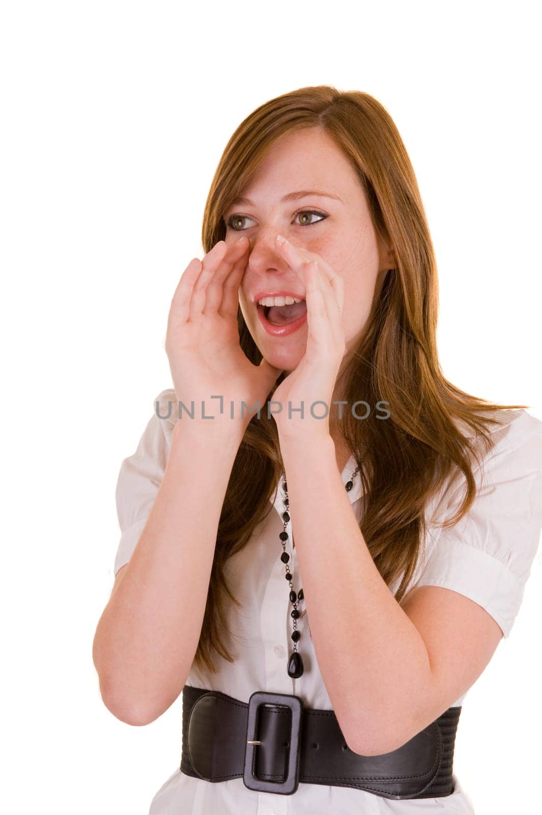 Beautiful business lady calling, isolated on white.