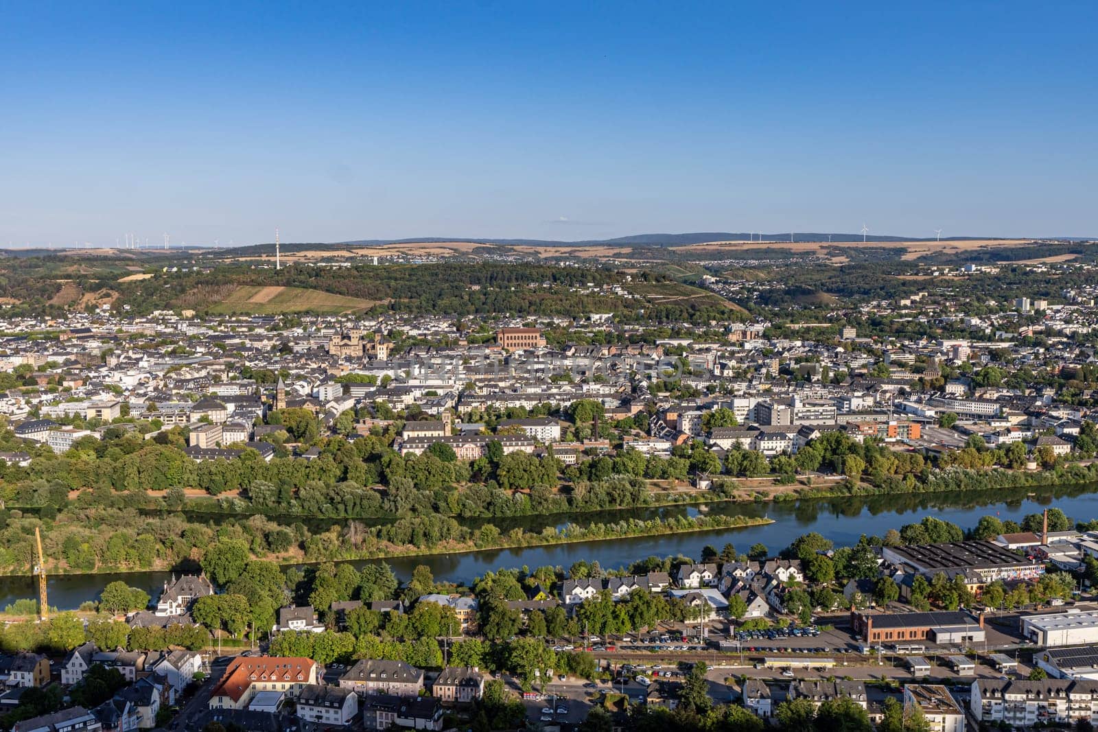 Trier, Moselle Valley, Mary's Column, sunshine, panorama, city view, Germany, Rhineland-Palatinate, landscape, architecture, sky, cloudless, summer, tourism, destination, sight, history, culture, vantage point, nature, mountain view, relaxation, leisure activity, photography, postcard, city, view, landscape, panorama, sky, architecture, travelling, river, europe, site image, building, summer, cloud, urban, hills, mountain