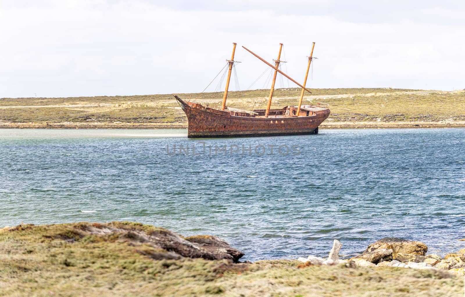 An old whaler wreck in Whalebone Cove off Stanley in the Falkland Islands. Stanley in the background