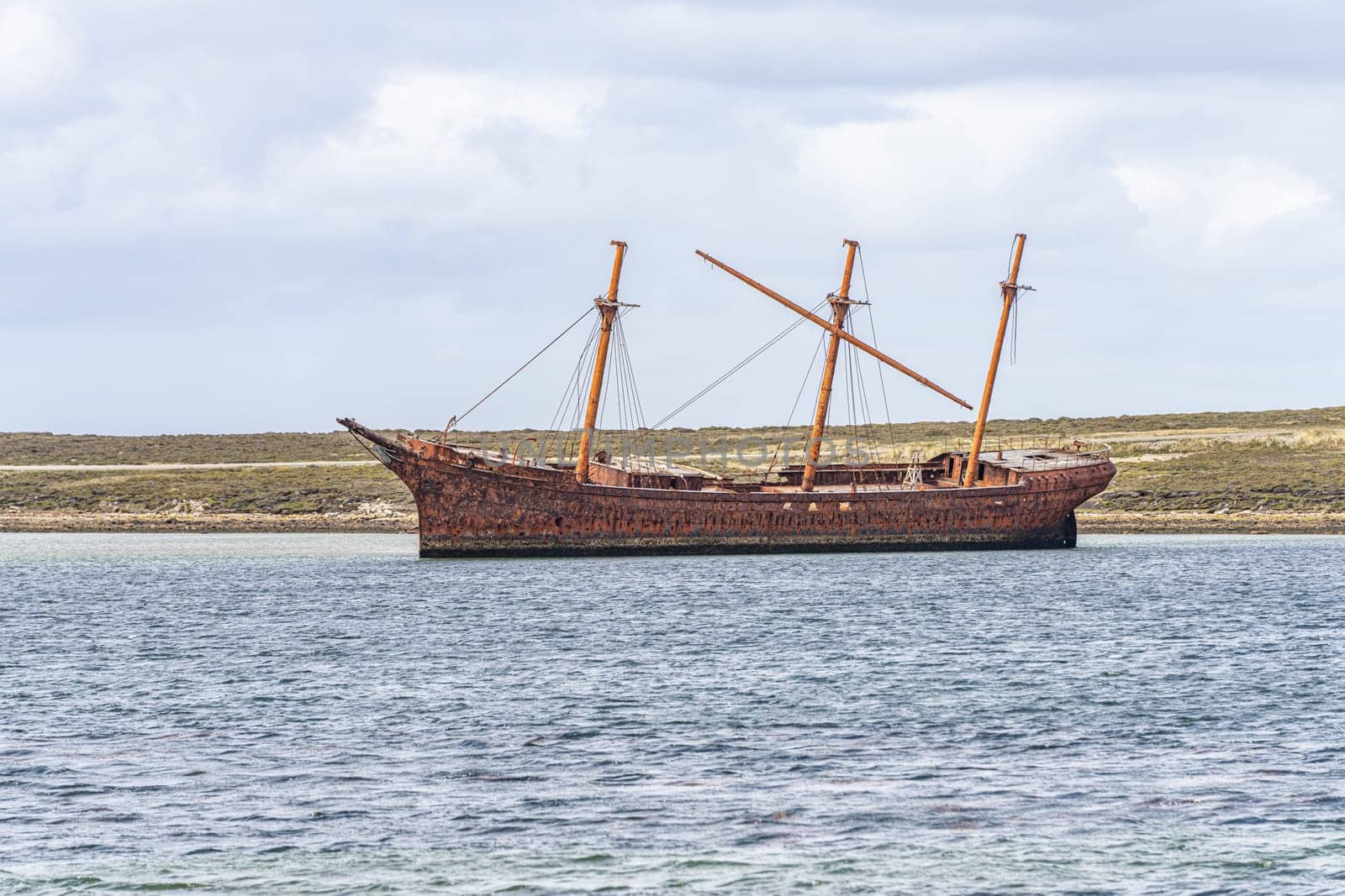 An old whaler wreck in Whalebone Cove off Stanley in the Falkland Islands. Stanley in the background